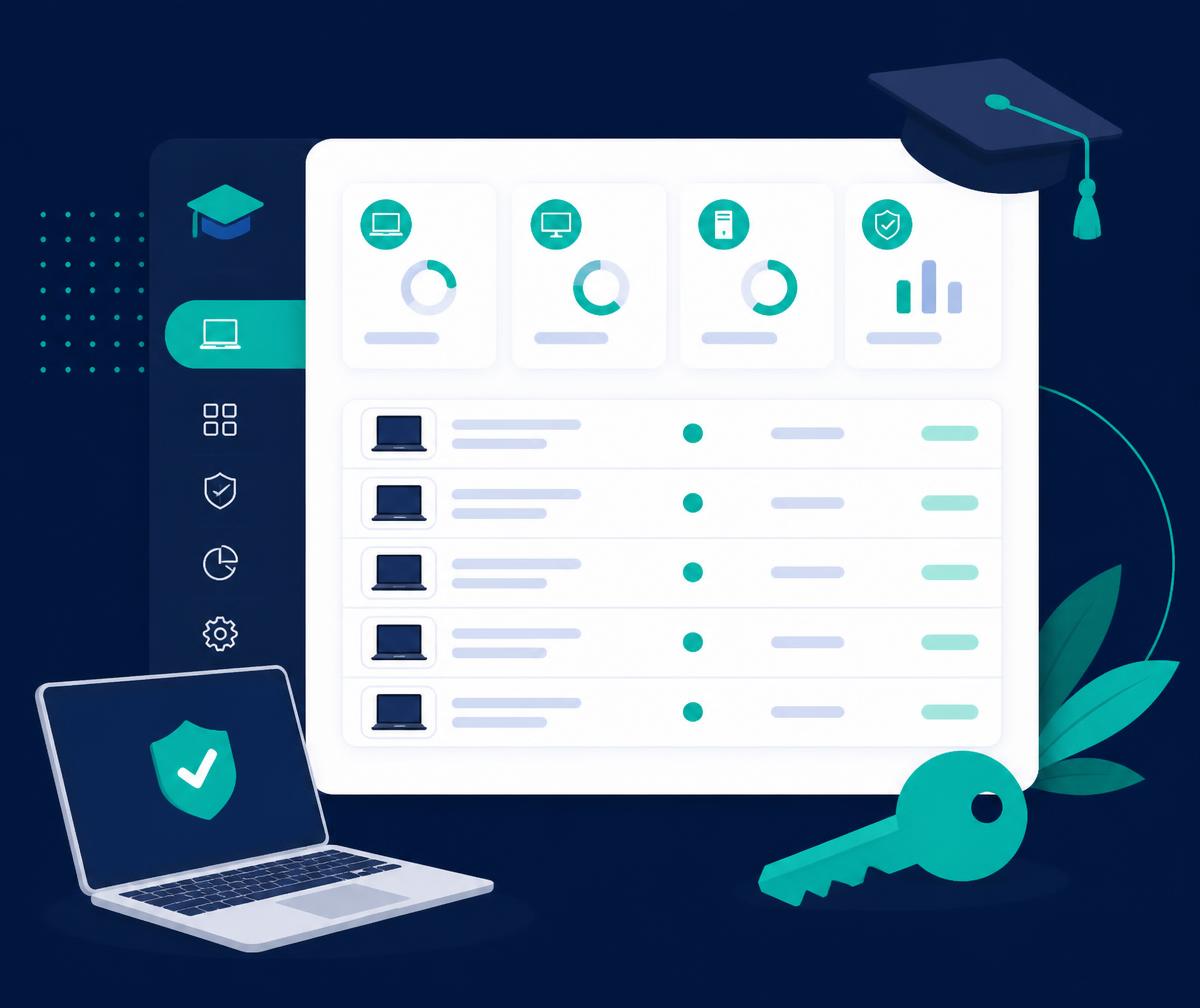 EduAsset dashboard showing a school asset register with laptops, keys and status indicators